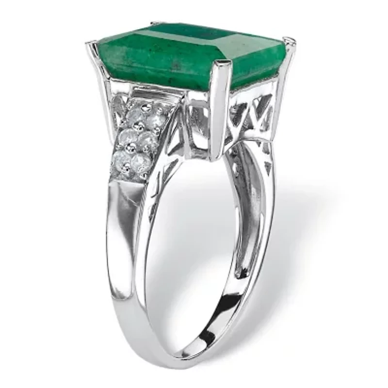 5.65 TCW Emerald-Cut Genuine Emerald & White Topaz Ring .925 Sterling Silver