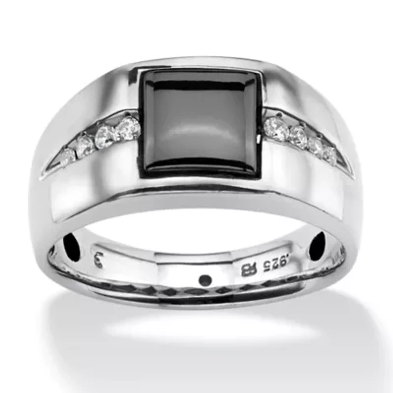 Lab Created Men's .36 TCW Genuine Hematite and Sapphire Platinum-plated Sterling Silver Ring