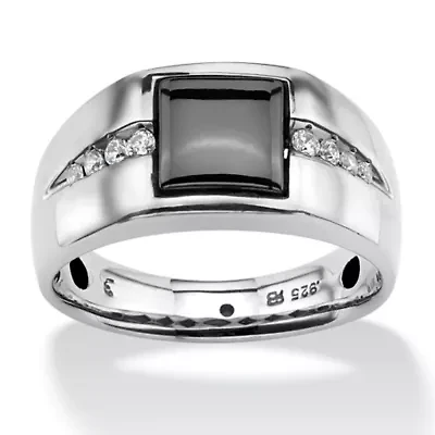 Lab Created Men's .36 TCW Genuine Hematite and Sapphire Platinum-plated Sterling Silver Ring