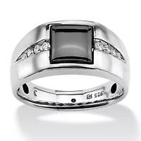 Lab Created Men's .36 TCW Genuine Hematite and Sapphire Platinum-plated Sterling Silver Ring