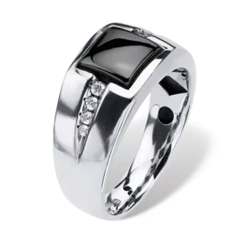 Lab Created Men's .36 TCW Genuine Hematite and Sapphire Platinum-plated Sterling Silver Ring