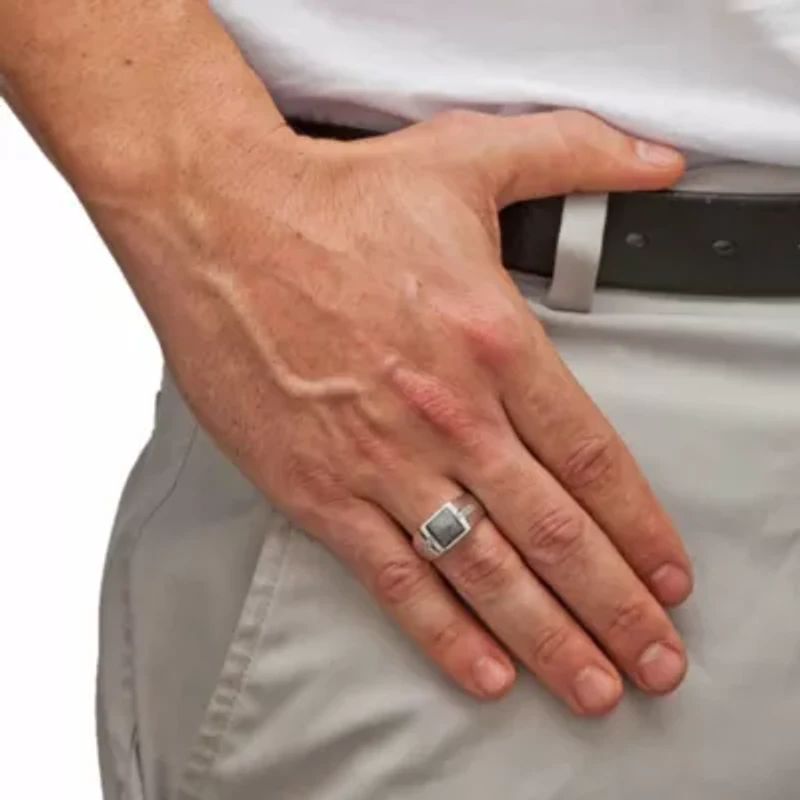 Lab Created Men's .36 TCW Genuine Hematite and Sapphire Platinum-plated Sterling Silver Ring