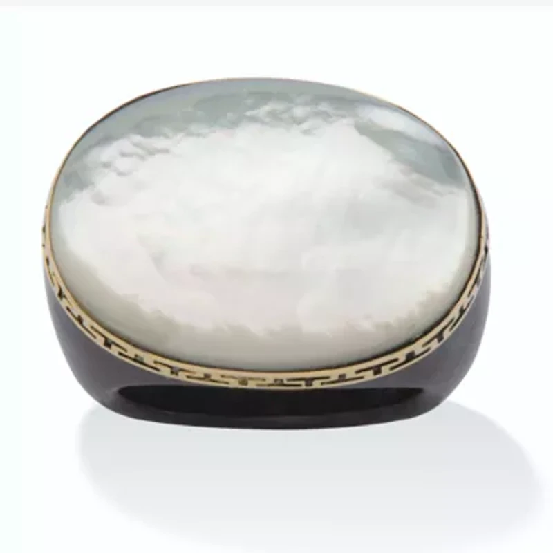 Oval-Shaped Mother-Of-Pearl Black Jade Greek Key Ring 14k Gold