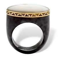 Oval-Shaped Mother-Of-Pearl Black Jade Greek Key Ring 14k Gold