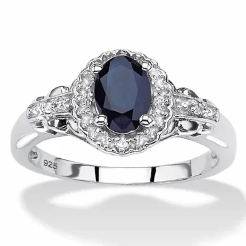 1.12 Cttw. Genuine Blue Sapphire and White Topaz Sterling Silver Halo Ring
