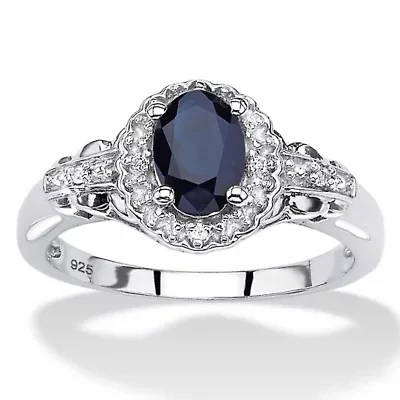 1.12 Cttw. Genuine Blue Sapphire and White Topaz Sterling Silver Halo Ring