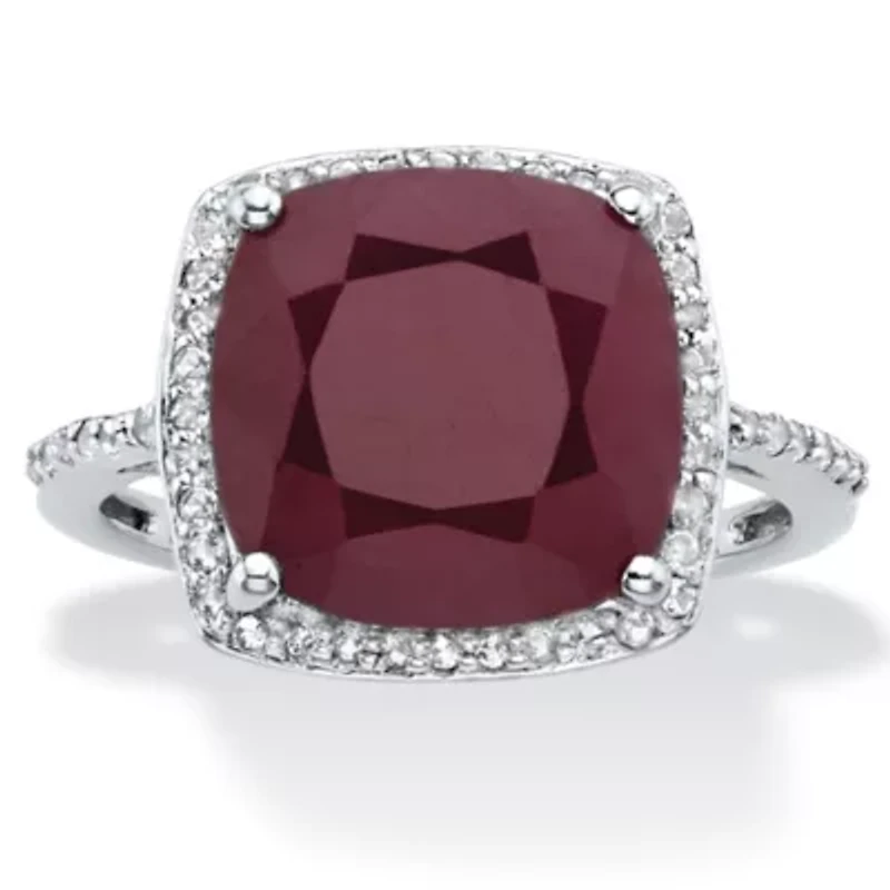 4.25 Cttw. .925 Silver Cushion-Cut Genuine Red Ruby and White Topaz Halo Ring