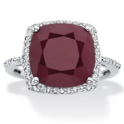 4.25 Cttw. .925 Silver Cushion-Cut Genuine Red Ruby and White Topaz Halo Ring