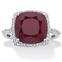 4.25 Cttw. .925 Silver Cushion-Cut Genuine Red Ruby and White Topaz Halo Ring