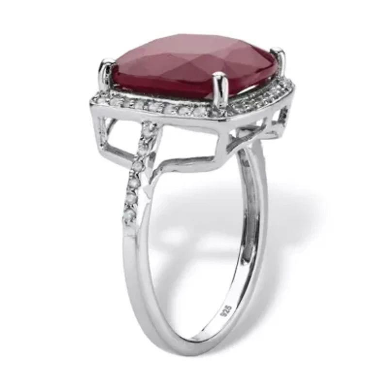 4.25 Cttw. .925 Silver Cushion-Cut Genuine Red Ruby and White Topaz Halo Ring