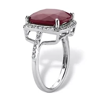 4.25 Cttw. .925 Silver Cushion-Cut Genuine Red Ruby and White Topaz Halo Ring