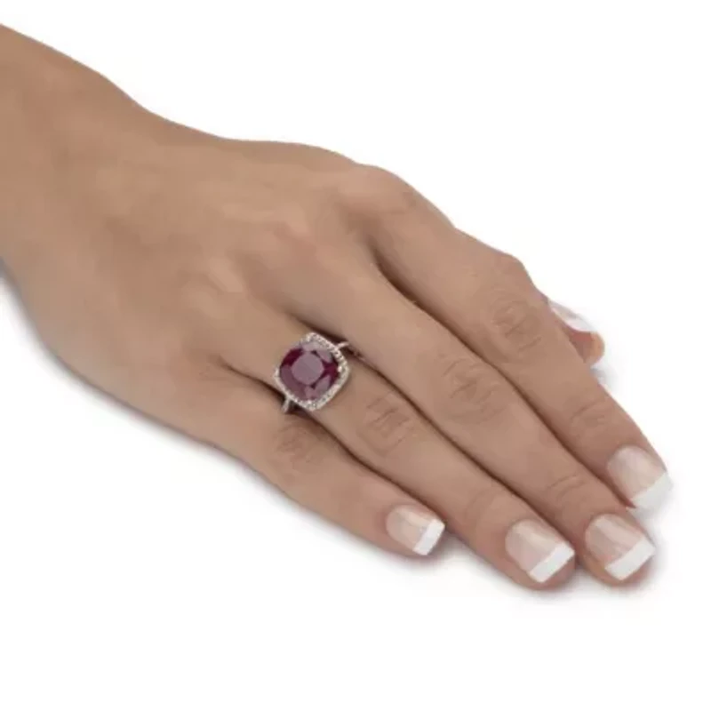 4.25 Cttw. .925 Silver Cushion-Cut Genuine Red Ruby and White Topaz Halo Ring