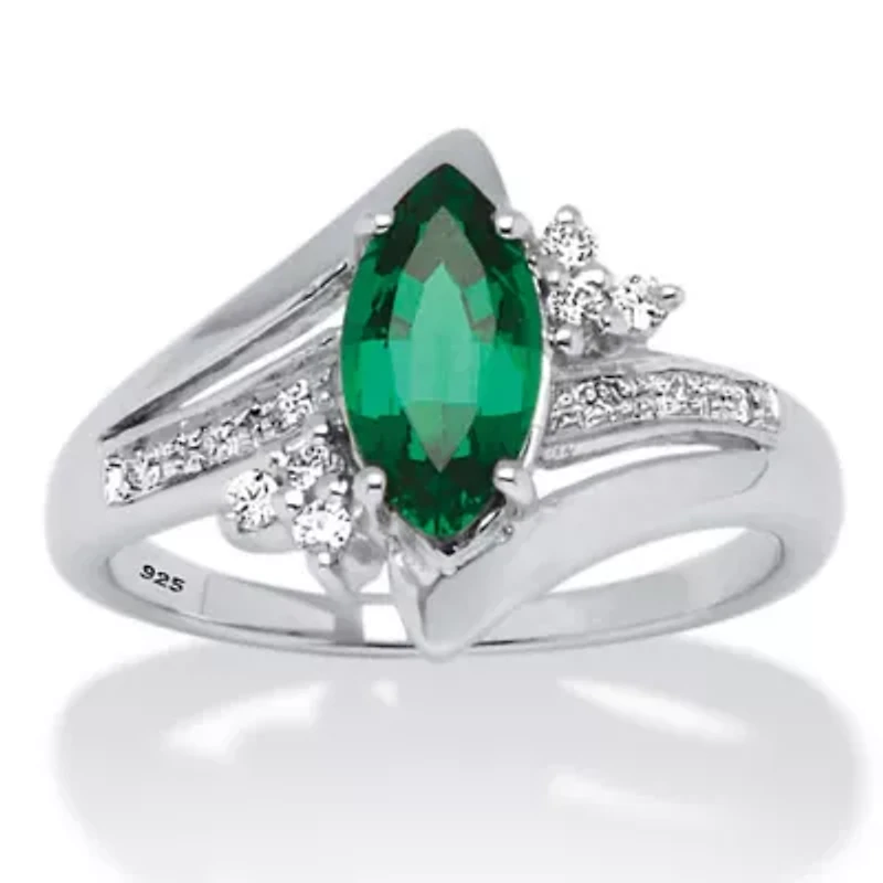 Lab Created 1.52 TCW Marquise-Cut Emerald Ring Platinum-plated Sterling Silver