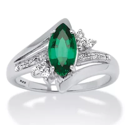 Lab Created 1.52 TCW Marquise-Cut Emerald Ring Platinum-plated Sterling Silver