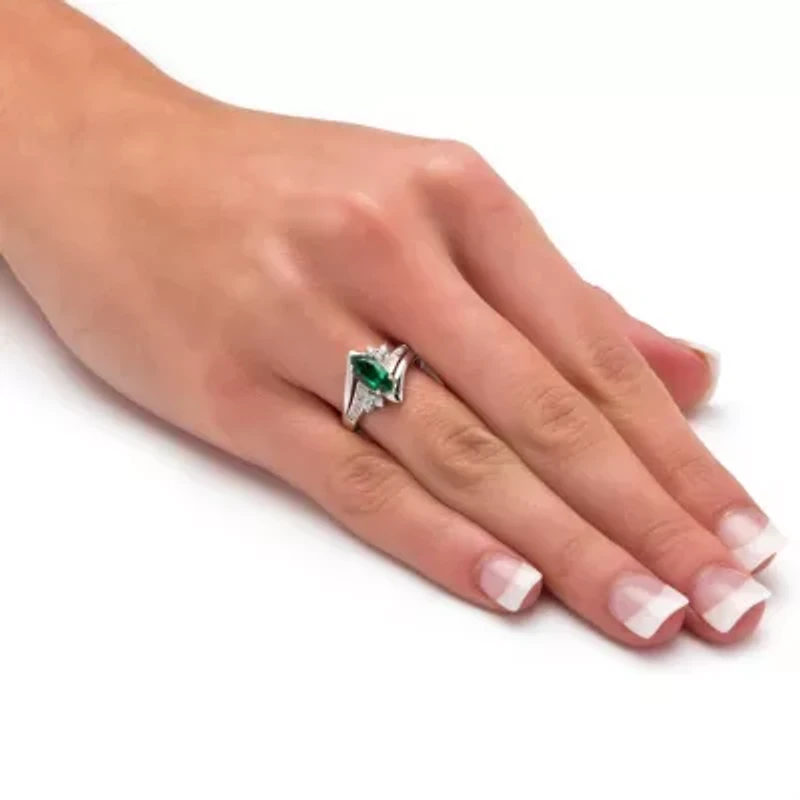 Lab Created 1.52 TCW Marquise-Cut Emerald Ring Platinum-plated Sterling Silver