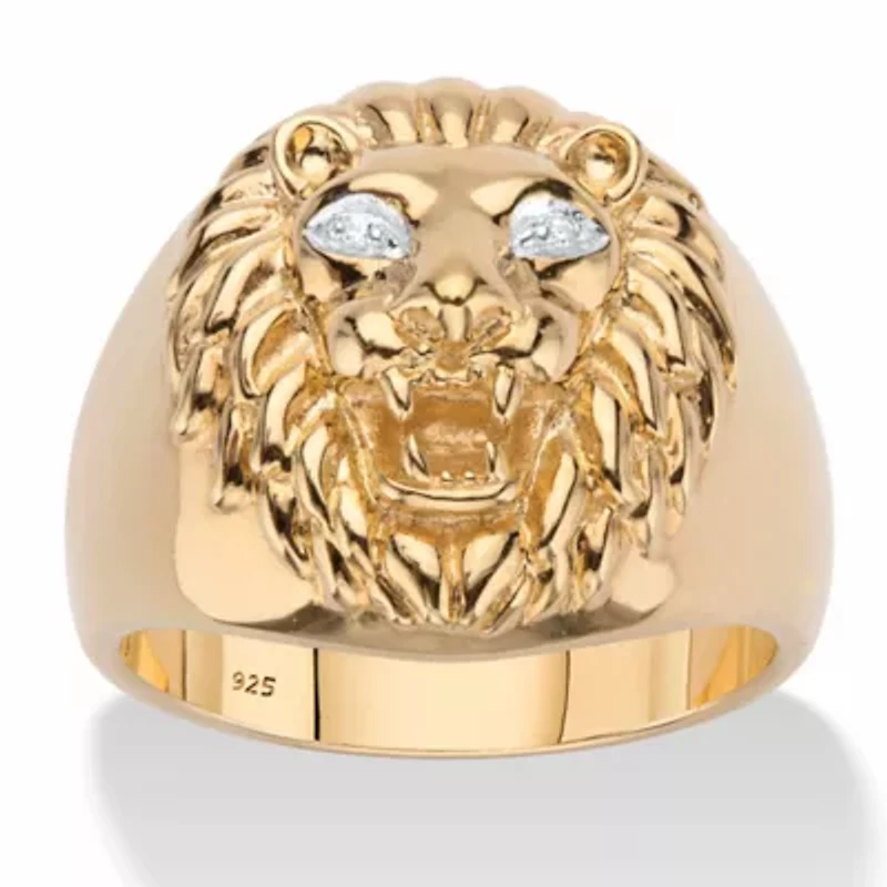 Men's Round Diamond Accent 18k Gold-plated Sterling Silver Lion Head Ring