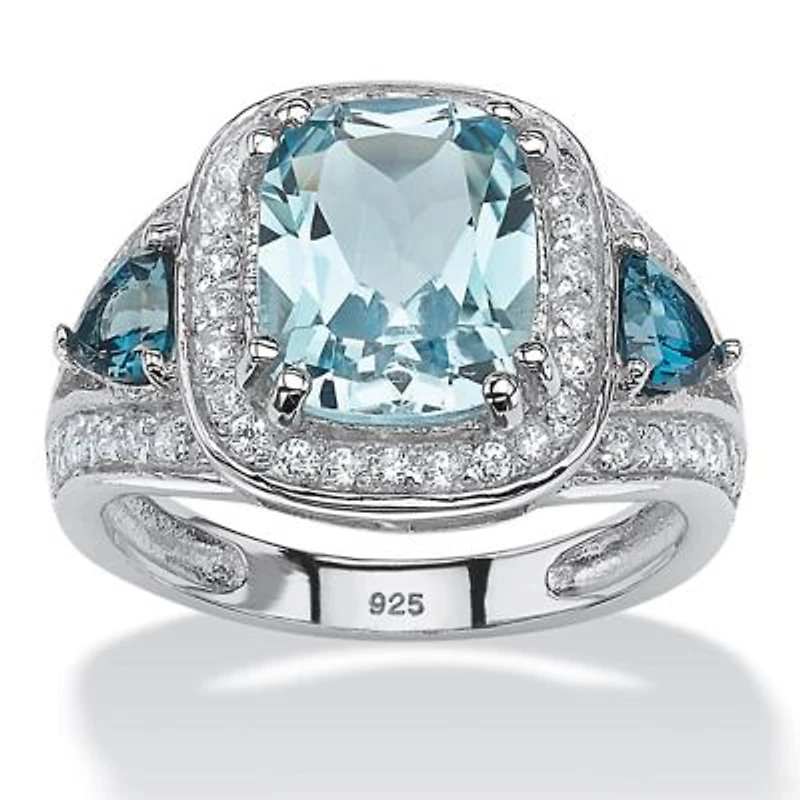 5.13 TCW London Blue Topaz and CZ Halo Ring Platinum-plated Sterling Silver