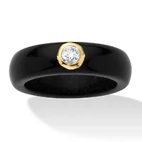 10k Yellow Gold Band Ring Round Genuine White Topaz and Black Jade