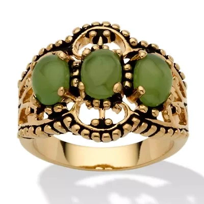 Genuine Green Jade Gold-Plated Antique-Finish Triple-Stone Filigree Ring