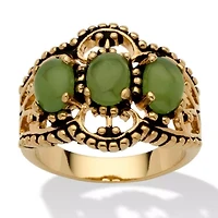 Genuine Green Jade Gold-Plated Antique-Finish Triple-Stone Filigree Ring