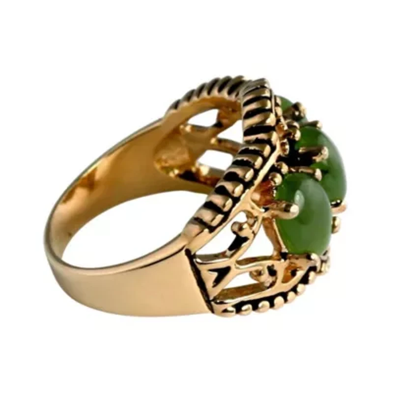 Genuine Green Jade Gold-Plated Antique-Finish Triple-Stone Filigree Ring