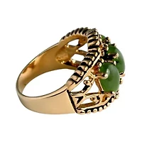 Genuine Green Jade Gold-Plated Antique-Finish Triple-Stone Filigree Ring