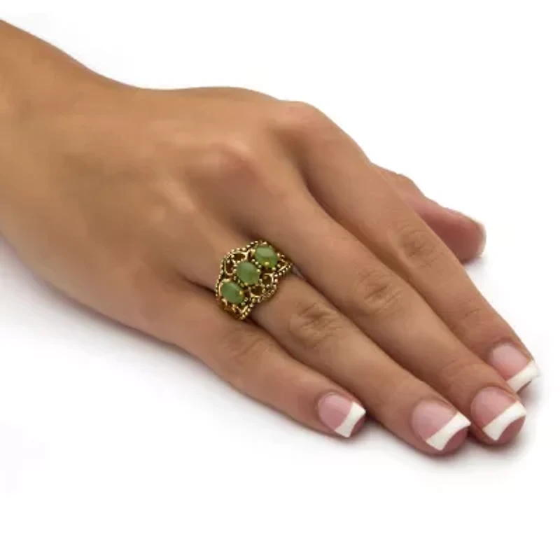 Genuine Green Jade Gold-Plated Antique-Finish Triple-Stone Filigree Ring