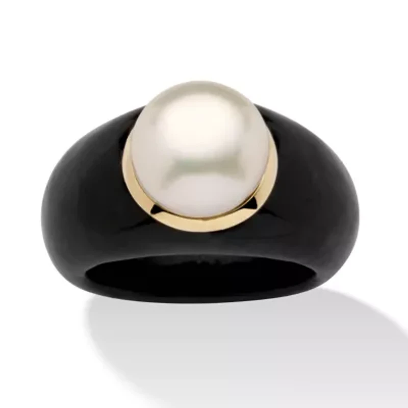10k Black Pearl Ring Round Cultured Jade Yellow Gold