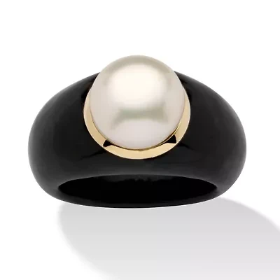 10k Black Pearl Ring Round Cultured Jade Yellow Gold