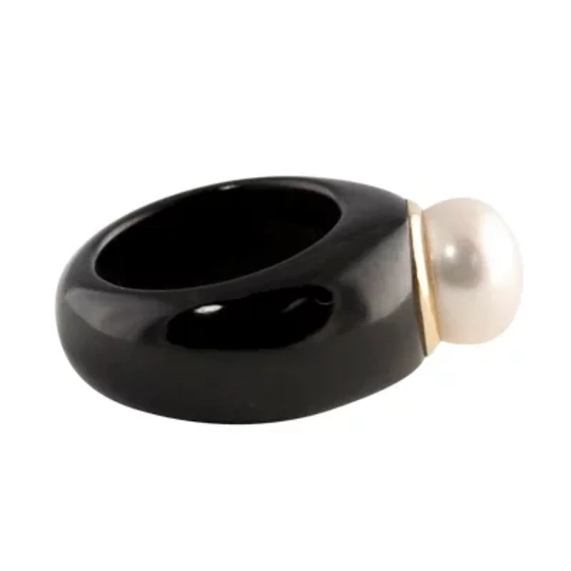 10k Black Pearl Ring Round Cultured Jade Yellow Gold