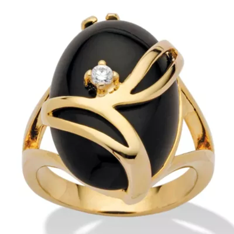 Oval-Shaped Onyx and Crystal Accent Cocktail Ring Gold-Plated