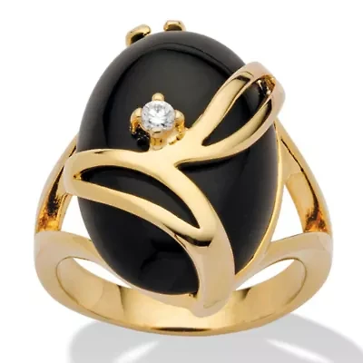 Oval-Shaped Onyx and Crystal Accent Cocktail Ring Gold-Plated