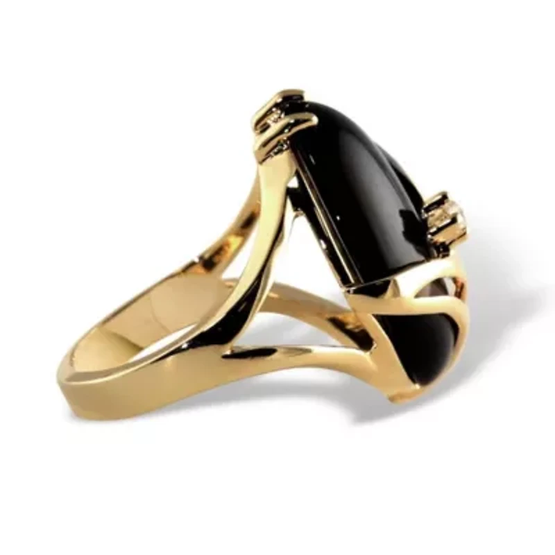 Oval-Shaped Onyx and Crystal Accent Cocktail Ring Gold-Plated