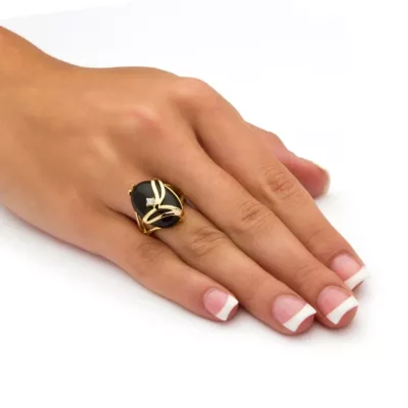 Oval-Shaped Onyx and Crystal Accent Cocktail Ring Gold-Plated