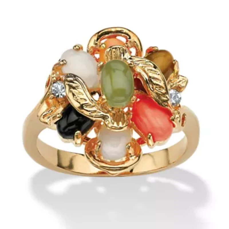 Coral, Opal, Jade, Onyx and Tiger's-Eye Cluster Ring Gold-Plated