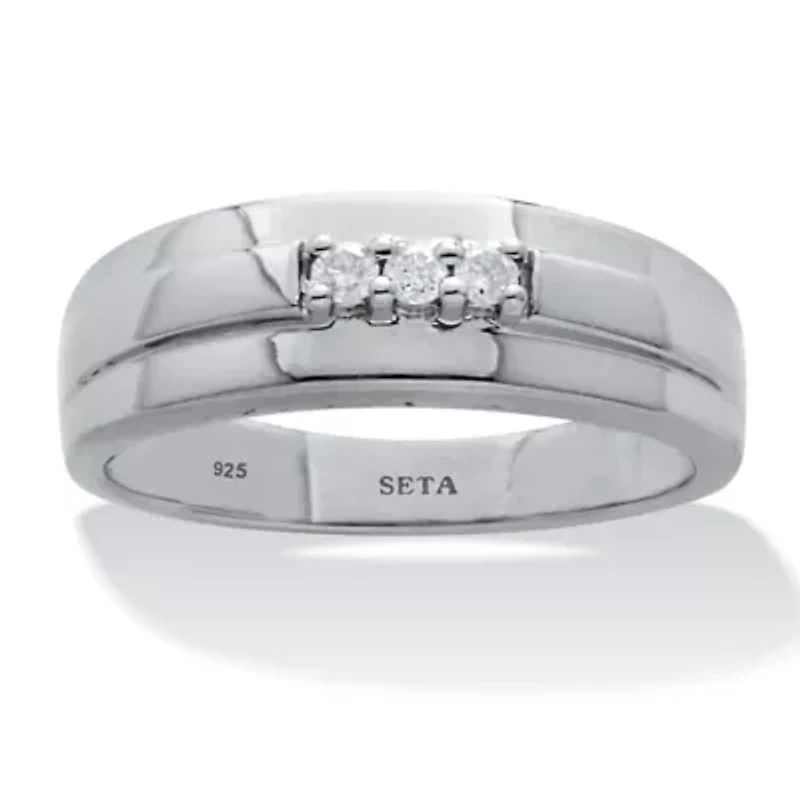 Men's .09 TCW Platinum-Plated Sterling Silver 3-Stone Diamond Band