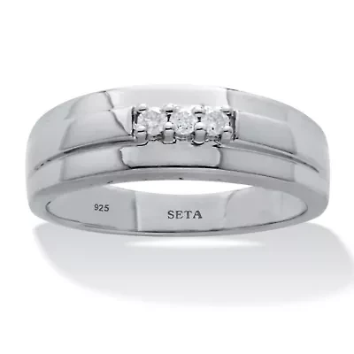 Men's .09 TCW Platinum-Plated Sterling Silver 3-Stone Diamond Band