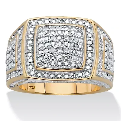 1/10 Cttw Men's Round Diamond 18k Gold-Plated Silver Grid Ring