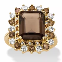 9.80 TCW Emerald-Cut Genuine Smoky Topaz and CZ Gold-Plated Cocktail Ring