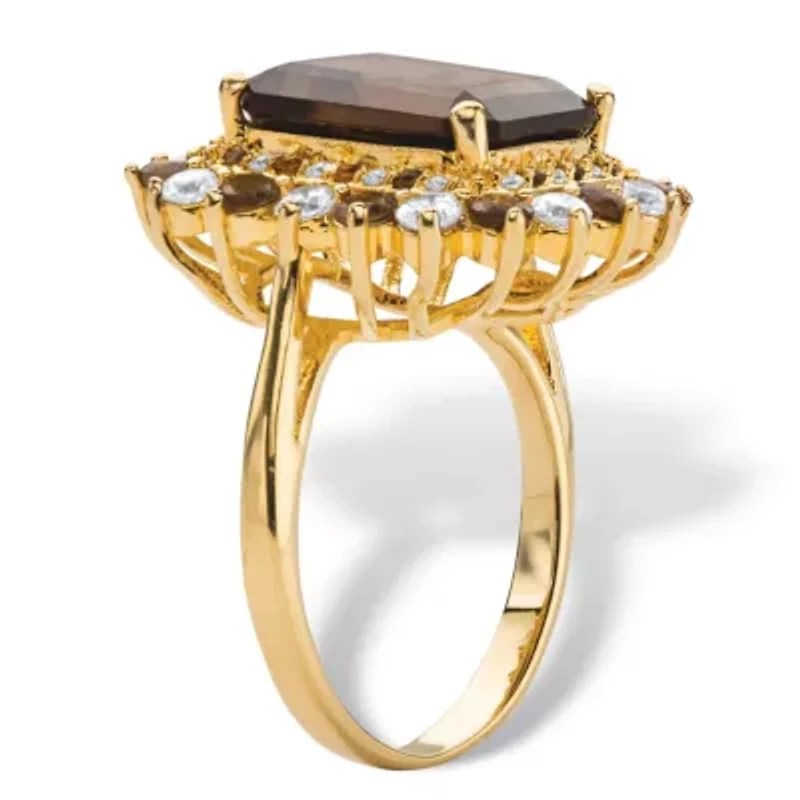 9.80 TCW Emerald-Cut Genuine Smoky Topaz and CZ Gold-Plated Cocktail Ring