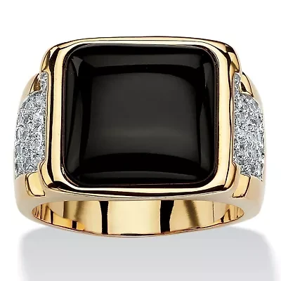 Men's .72 TCW Genuine Black Onyx and CZ Cabochon Ring Yellow Gold-Plated