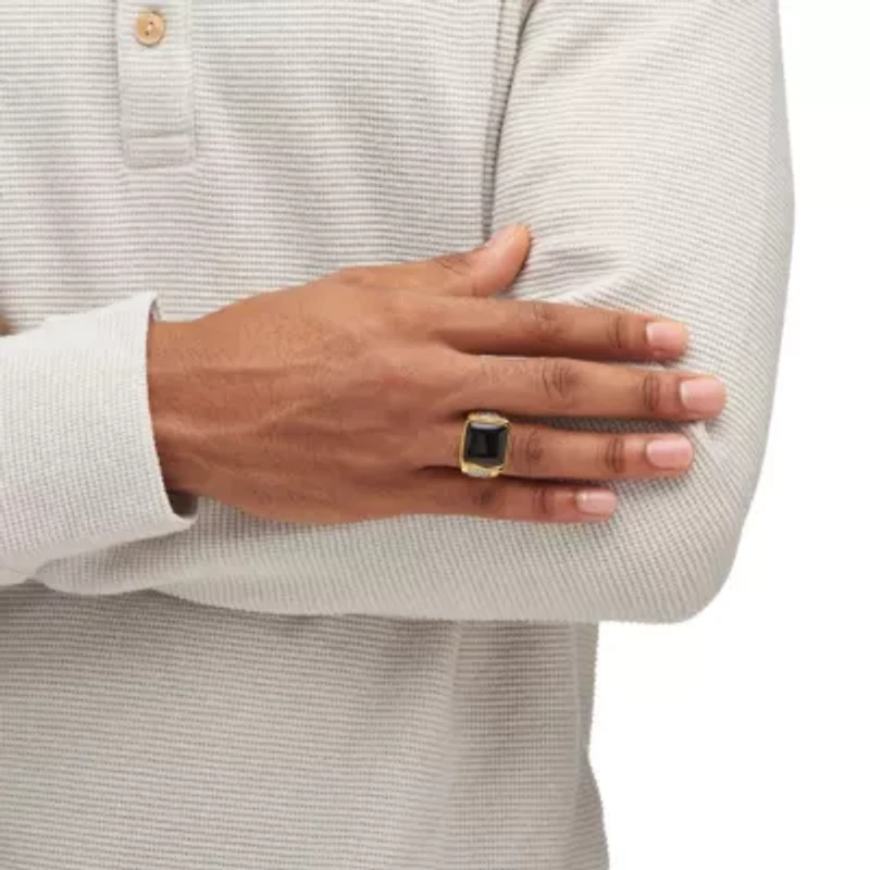 Men's .72 TCW Genuine Black Onyx and CZ Cabochon Ring Yellow Gold-Plated