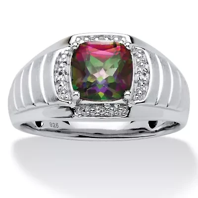 Lab Created Men's 2.72 TCW Fire Topaz and White Sapphire Platinum-plated Silver Ring