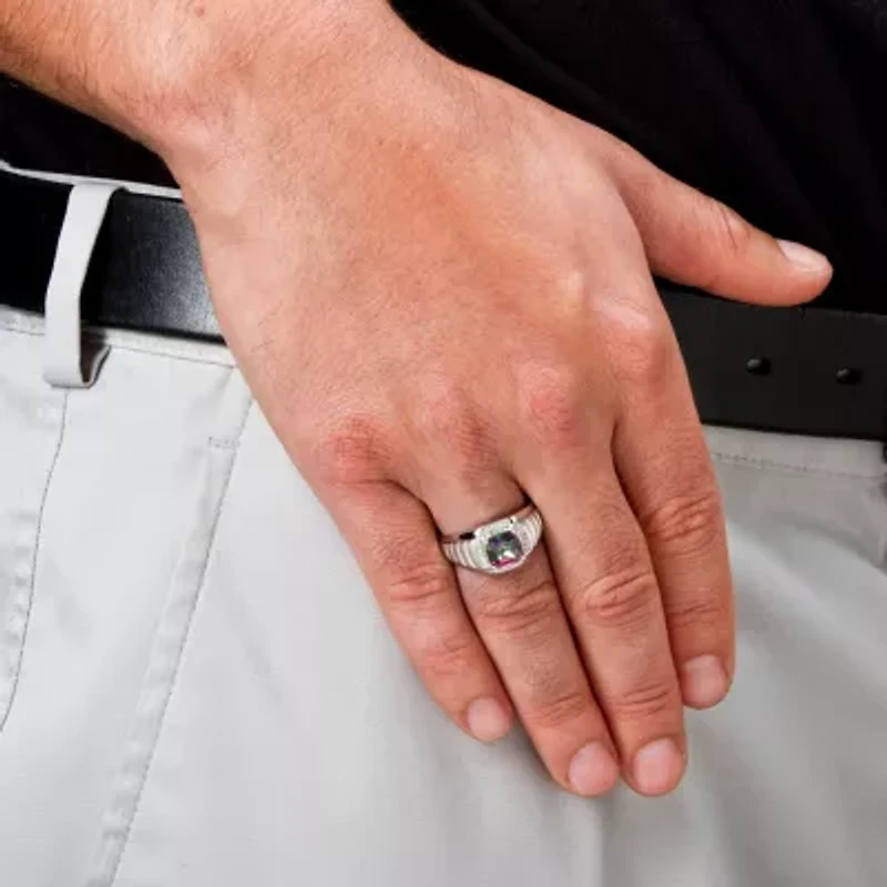 Lab Created Men's 2.72 TCW Fire Topaz and White Sapphire Platinum-plated Silver Ring