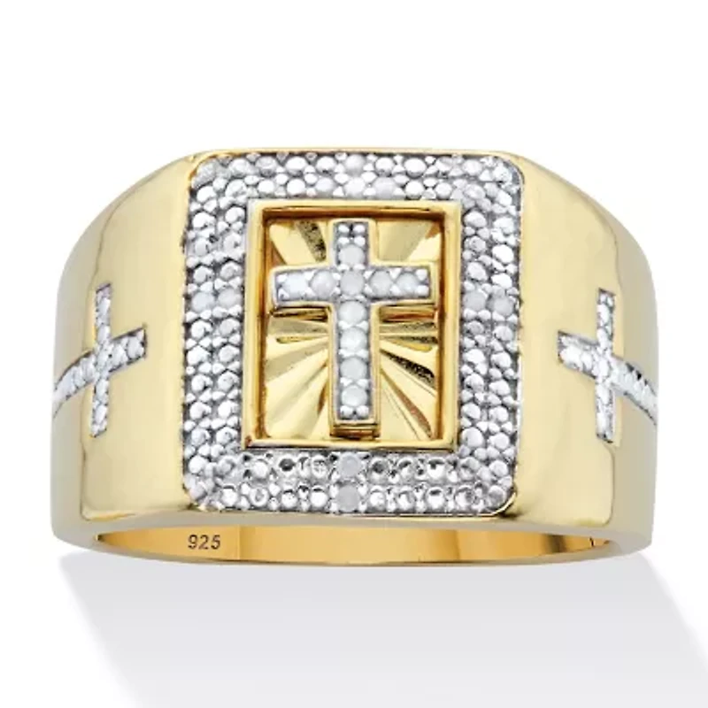 Men's 1/10 TCW Diamond Two-Tone Cross Ring 14k Gold-plated Sterling Silver