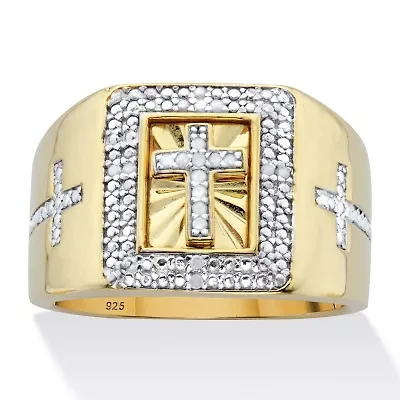 Men's 1/10 TCW Diamond Two-Tone Cross Ring 14k Gold-plated Sterling Silver
