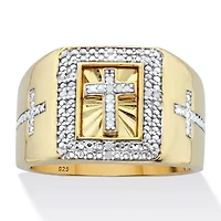 Men's 1/10 TCW Diamond Two-Tone Cross Ring 14k Gold-plated Sterling Silver