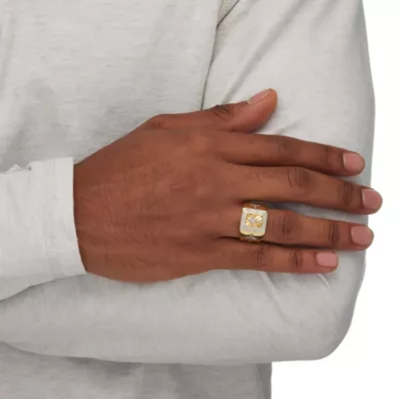 Men's 1/10 TCW Diamond Two-Tone Cross Ring 14k Gold-plated Sterling Silver