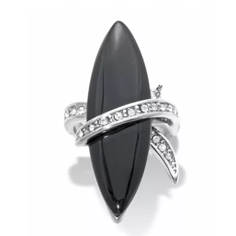 Wrapped Marquise Onyx and Crystal Platinum-Plated Ring