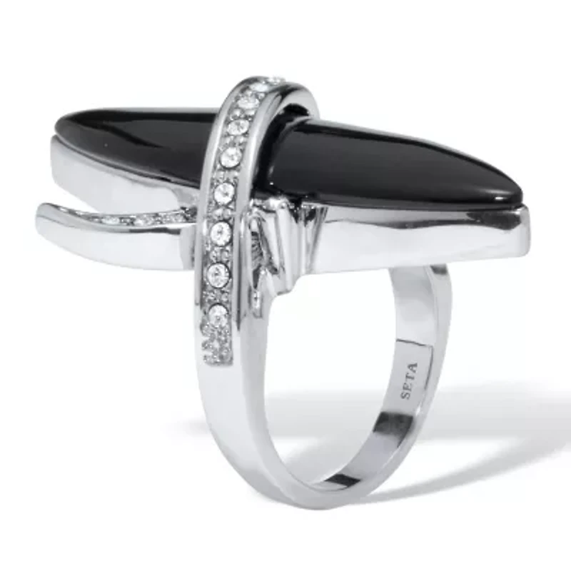 Wrapped Marquise Onyx and Crystal Platinum-Plated Ring
